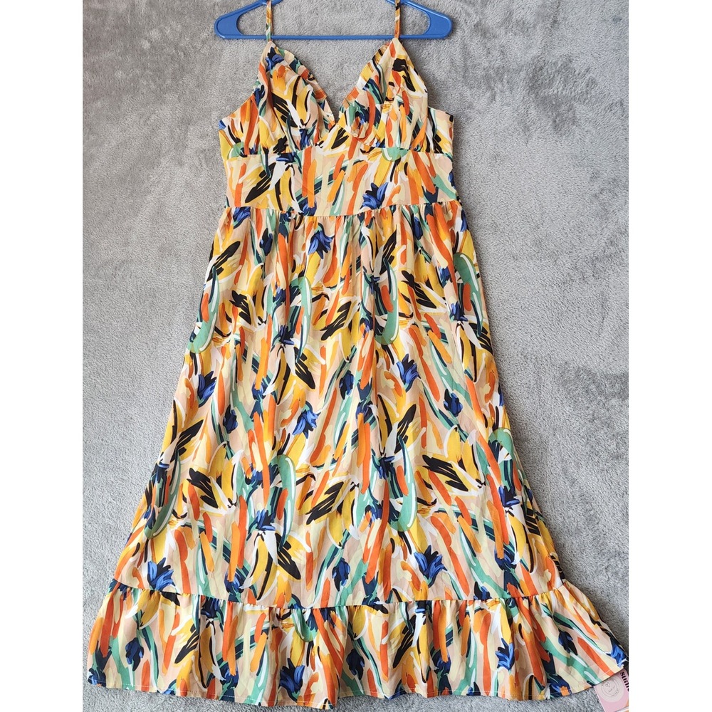 Sunfere Midi Dress Womens Medium Multicolor Abstract V-Neck Ruffle Hem Boho